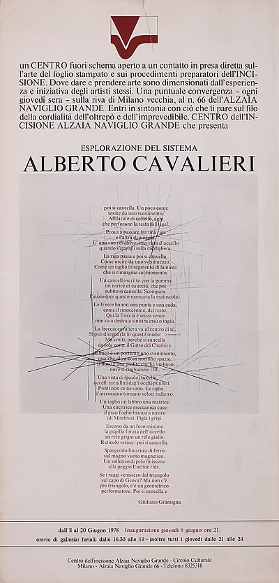 Alberto Cavalieri Eslorazione del sistema - poesia di Giuliano Gramigna - Centro dell'incisione Alzaia Naviglio Grande, Milano